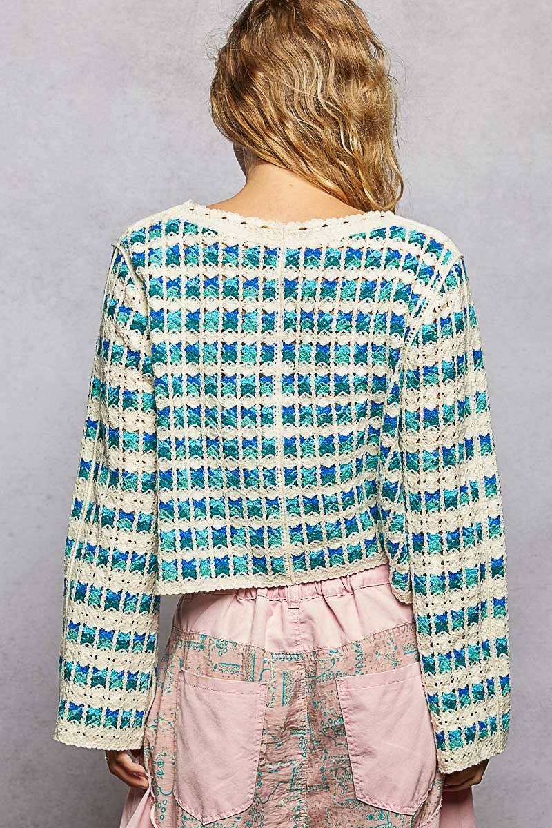 Scalloped Crochet V-Neck Long Sleeve Cardigan Top