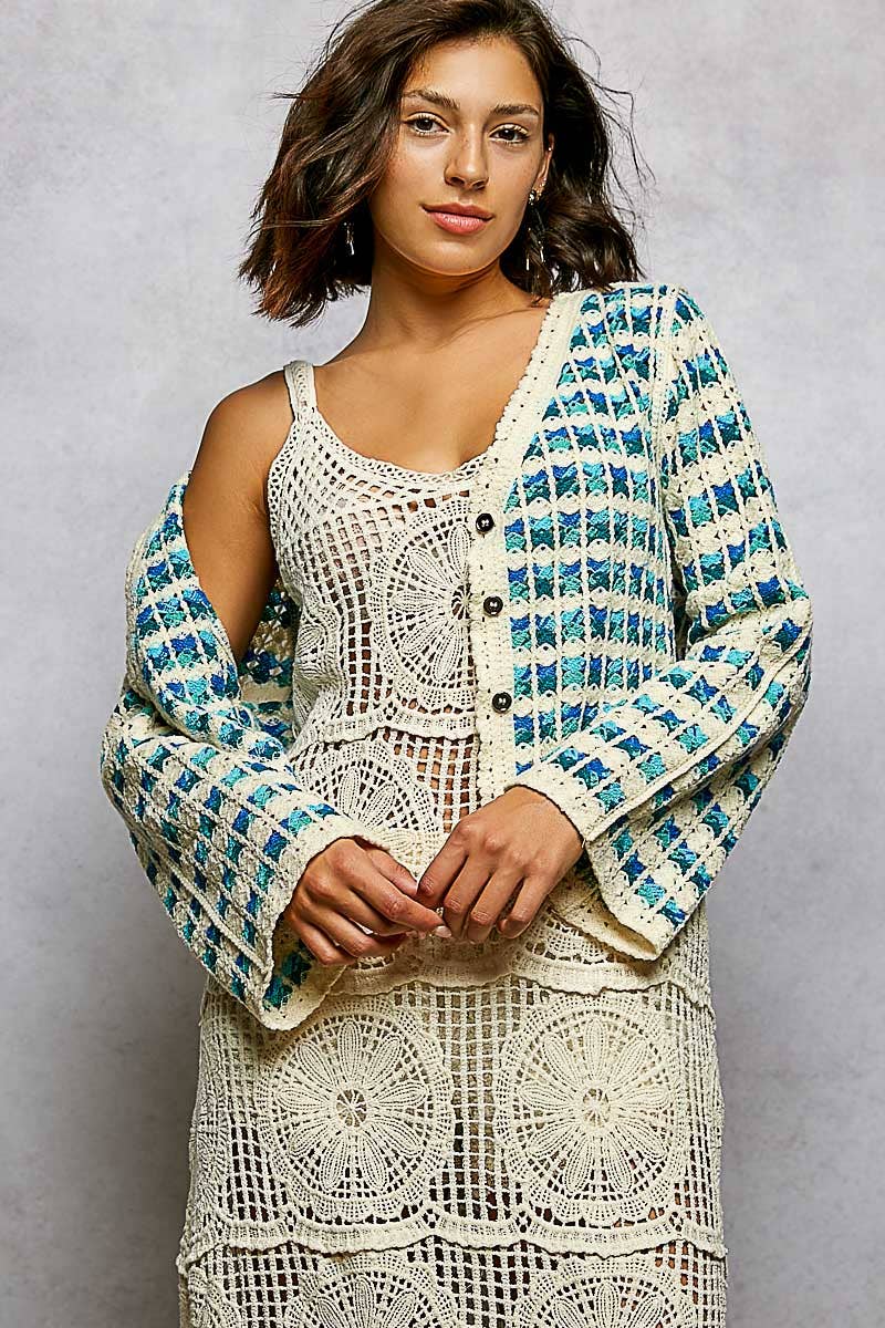 Scalloped Crochet V-Neck Long Sleeve Cardigan Top