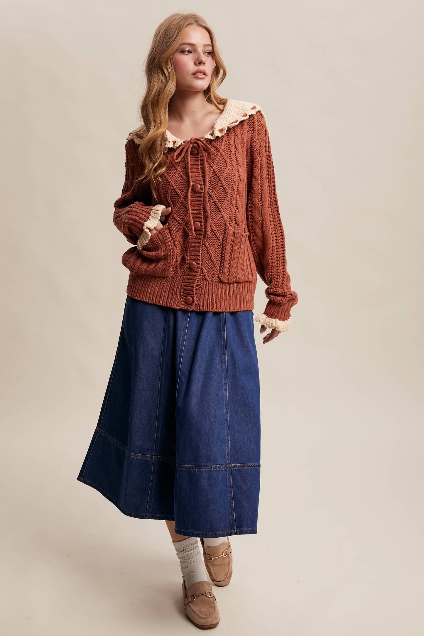 Two-Tone Crochet Collar Cable Knit Cardigan