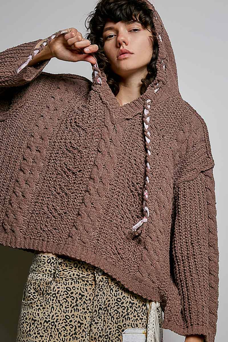 Oversized hooded cable knit chenille sweater