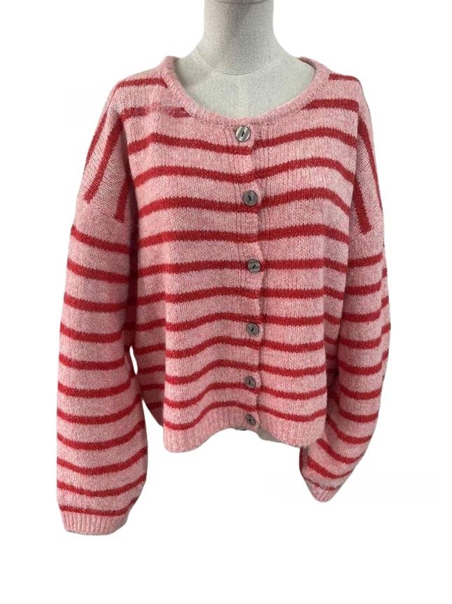 Valentine's Day pink & red striped crew neck cardigan