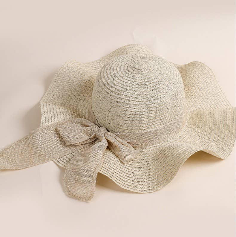 Summer Bow Ribbon Wide Brim Wave Straw Hat