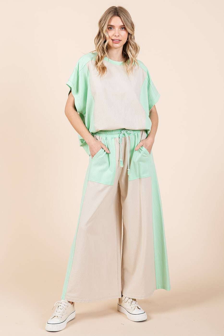 FRENCH TERRY WIDE LEG COLOR BLOCK PANTS