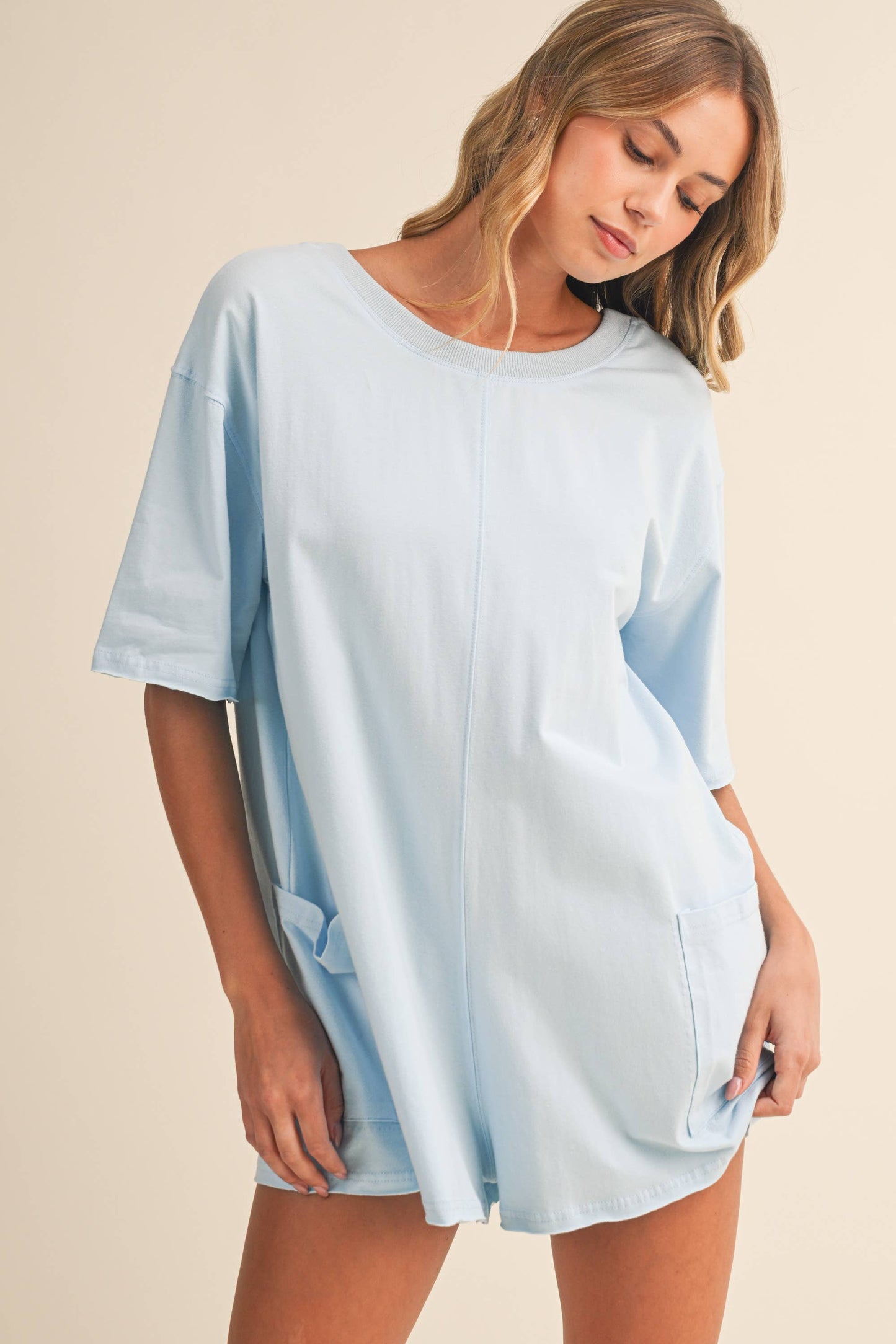 SHORT SLEEVE RELAXED FIT FRONT POCKETED ROMPER