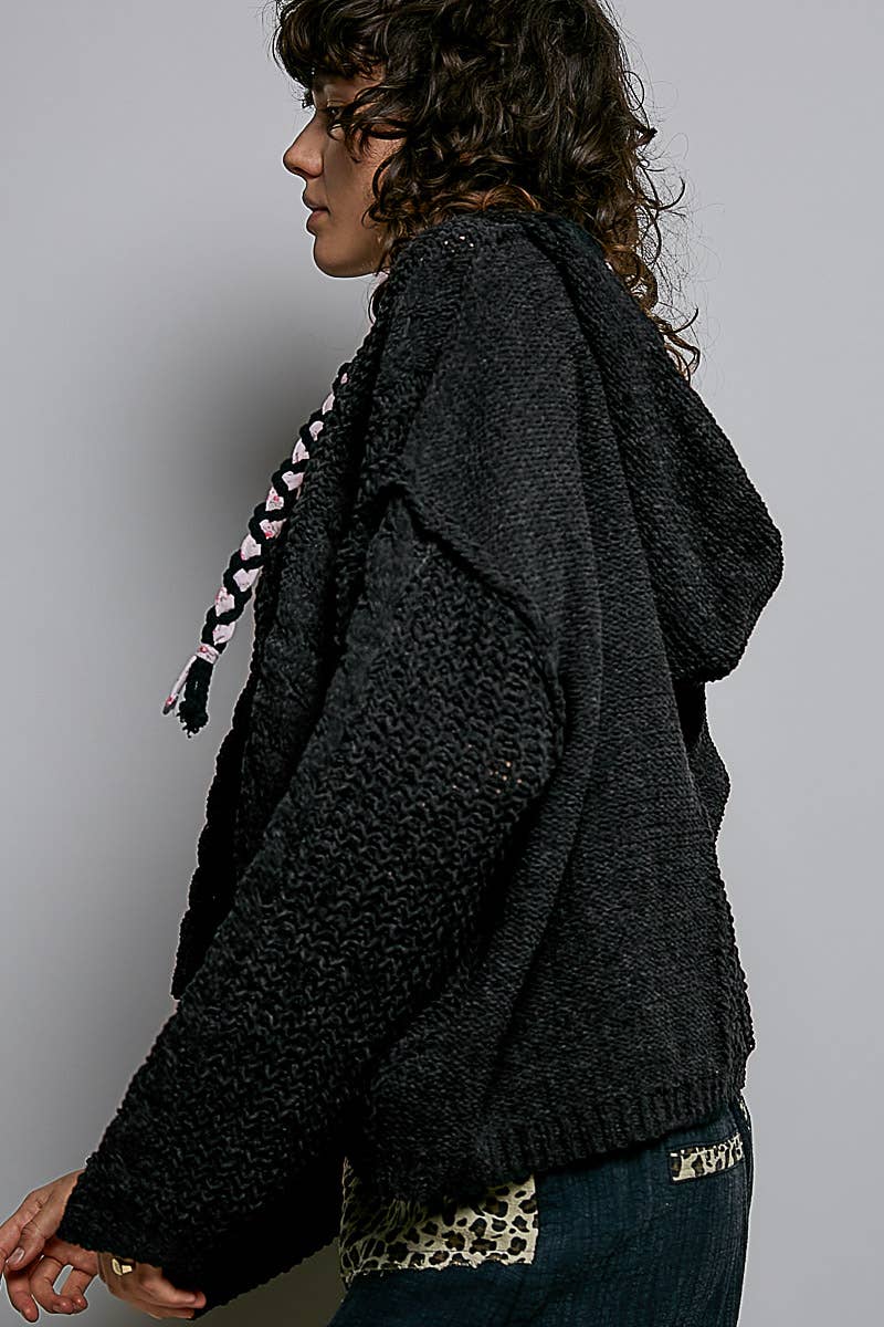Oversized hooded cable knit chenille sweater
