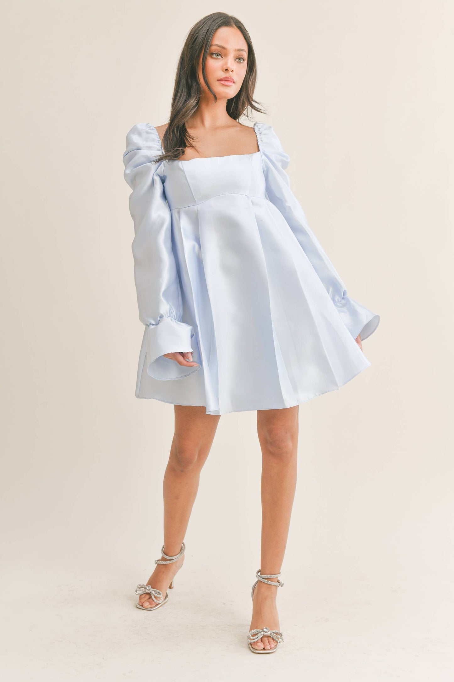 BABYDOLL DRESS WITH LONG BELL PUFF SLEEVES AND BOW