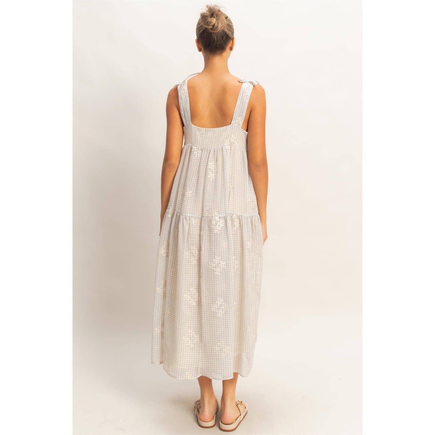 Tiered Gingham Dress With Embroidery