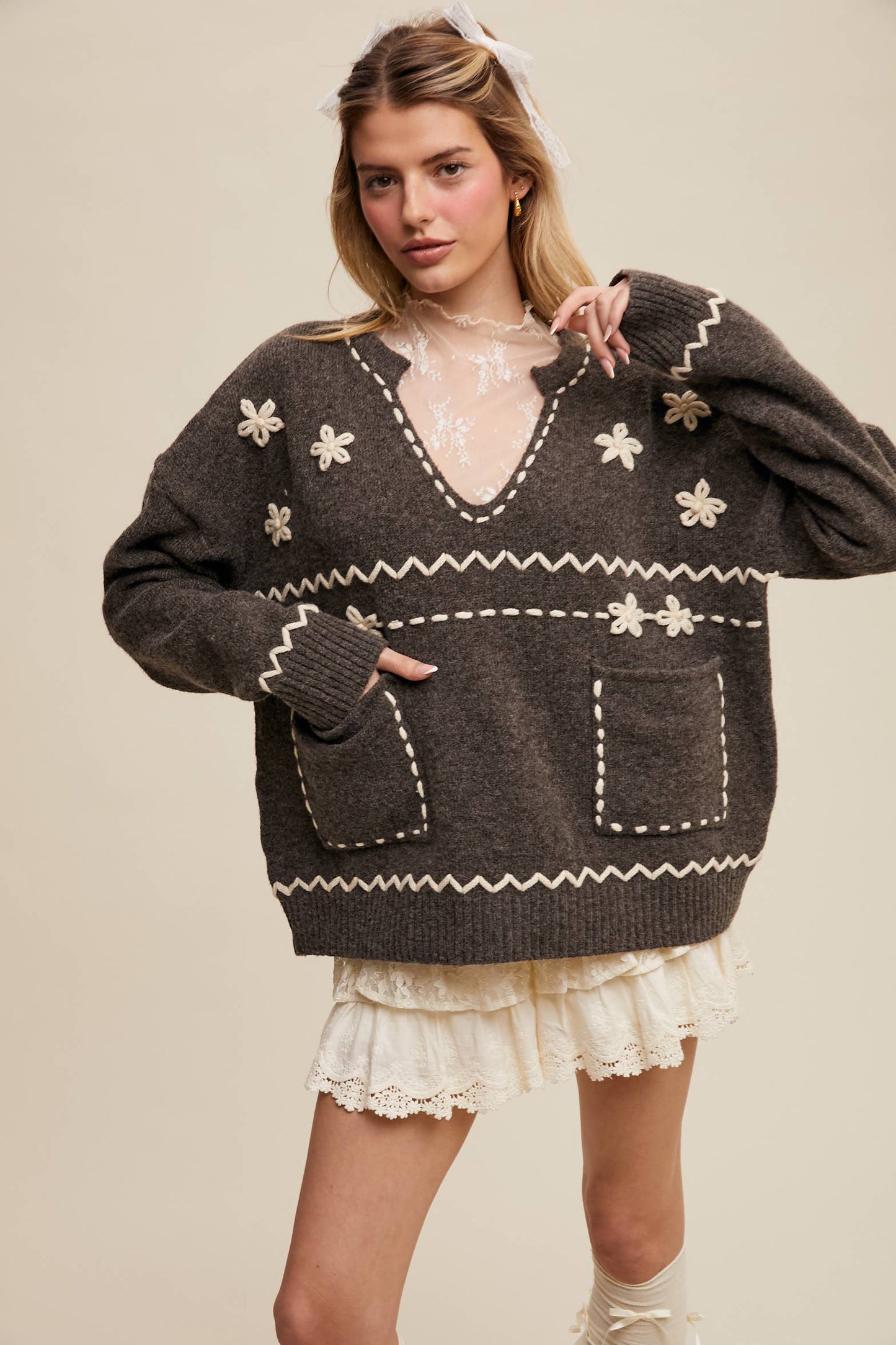 Floral Embroidered Knit Sweater LSW0978