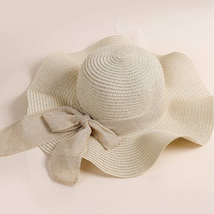 Summer Bow Ribbon Wide Brim Wave Straw Hat