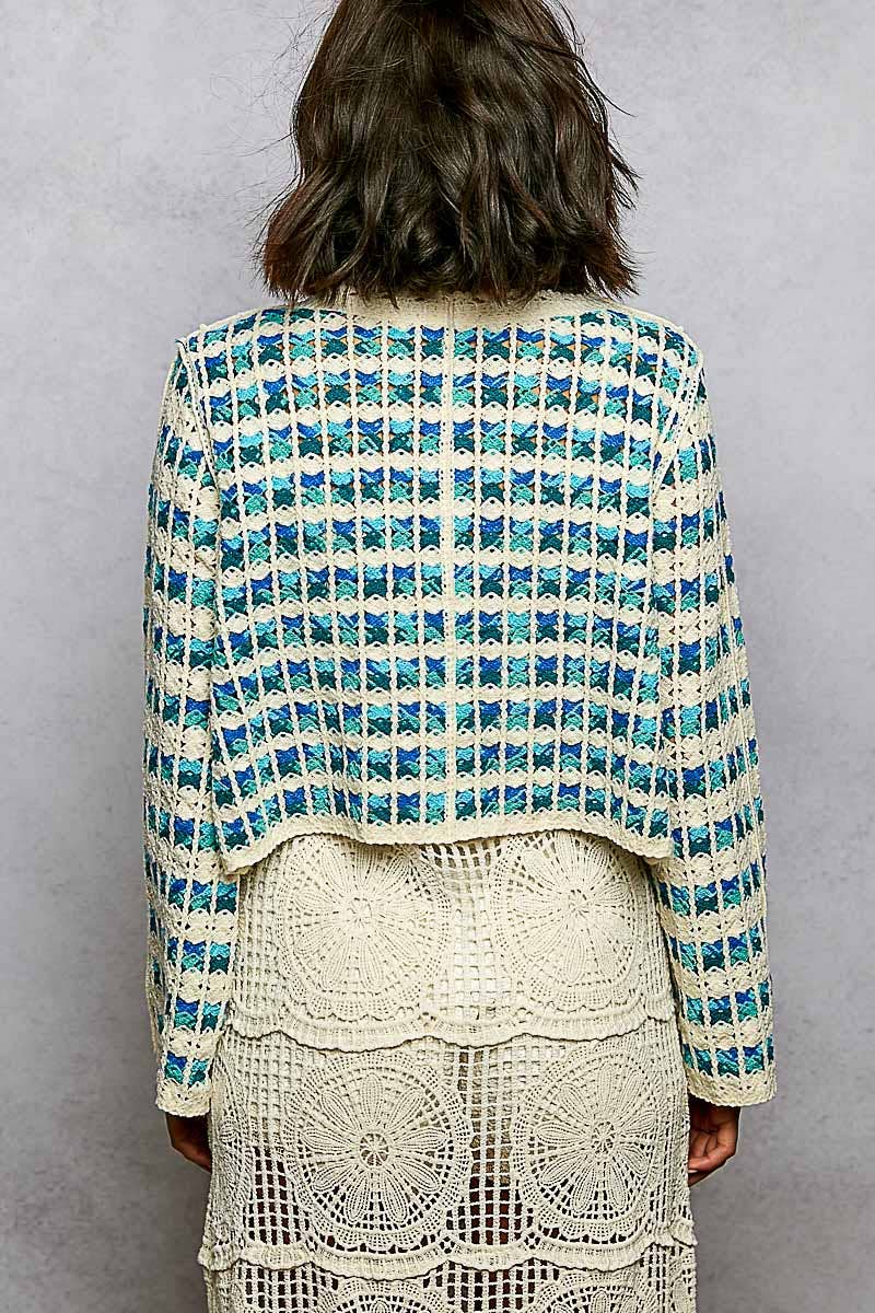 Scalloped Crochet V-Neck Long Sleeve Cardigan Top