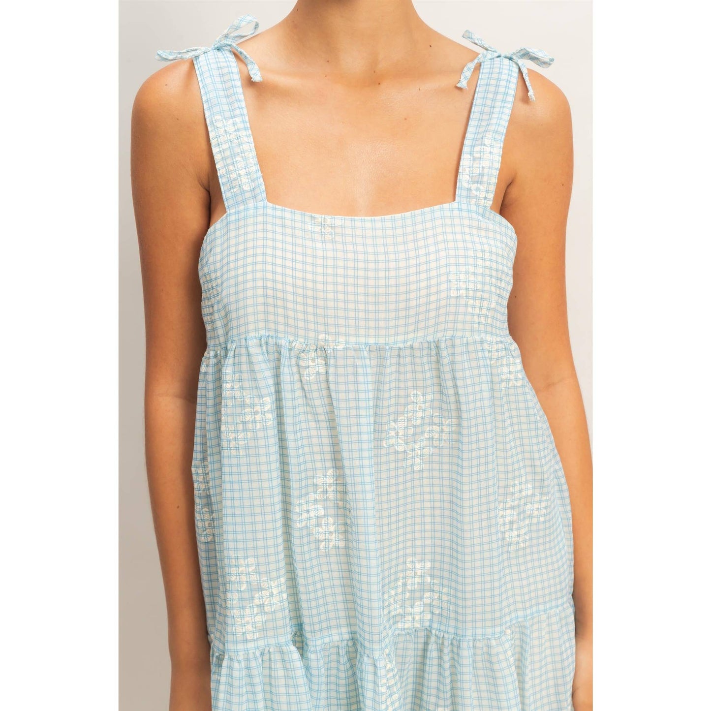Tiered Gingham Dress With Embroidery