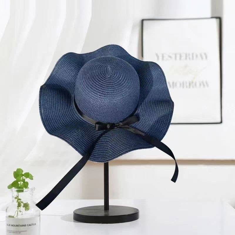 Summer Bow Ribbon Wide Brim Wave Straw Hat