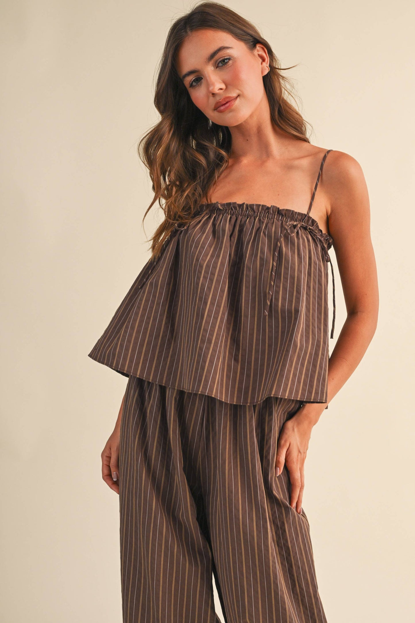 STRIPED SLEEVELESS FLOWY TOP BALLOON PANT JUMPSUIT