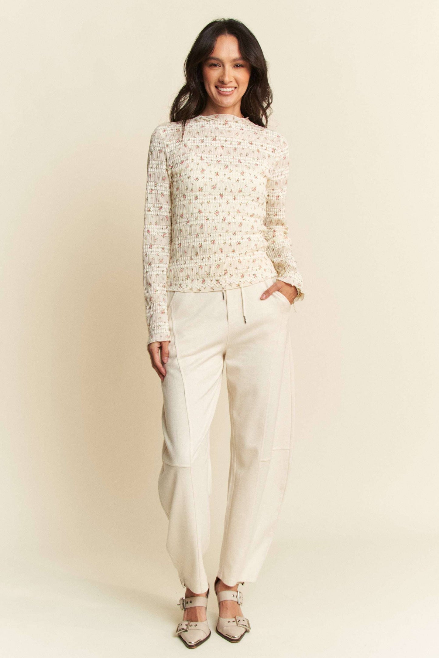 FLORAL PRINT MOCK NECK LONG SLEEVES KNIT TOP