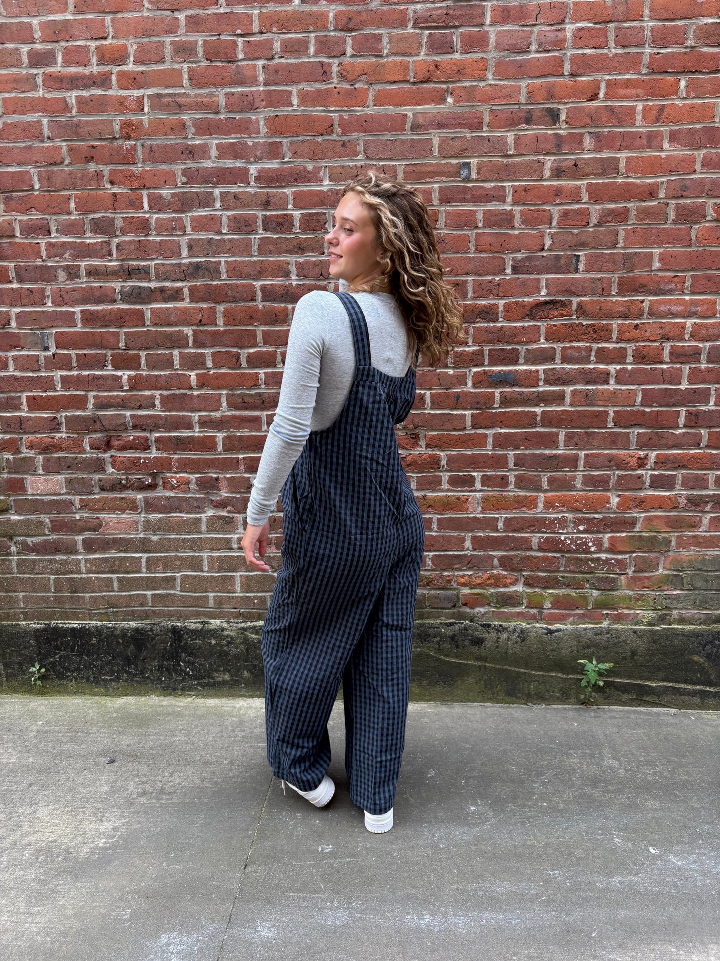 Blue Plaid Buttoned High Waist Overall