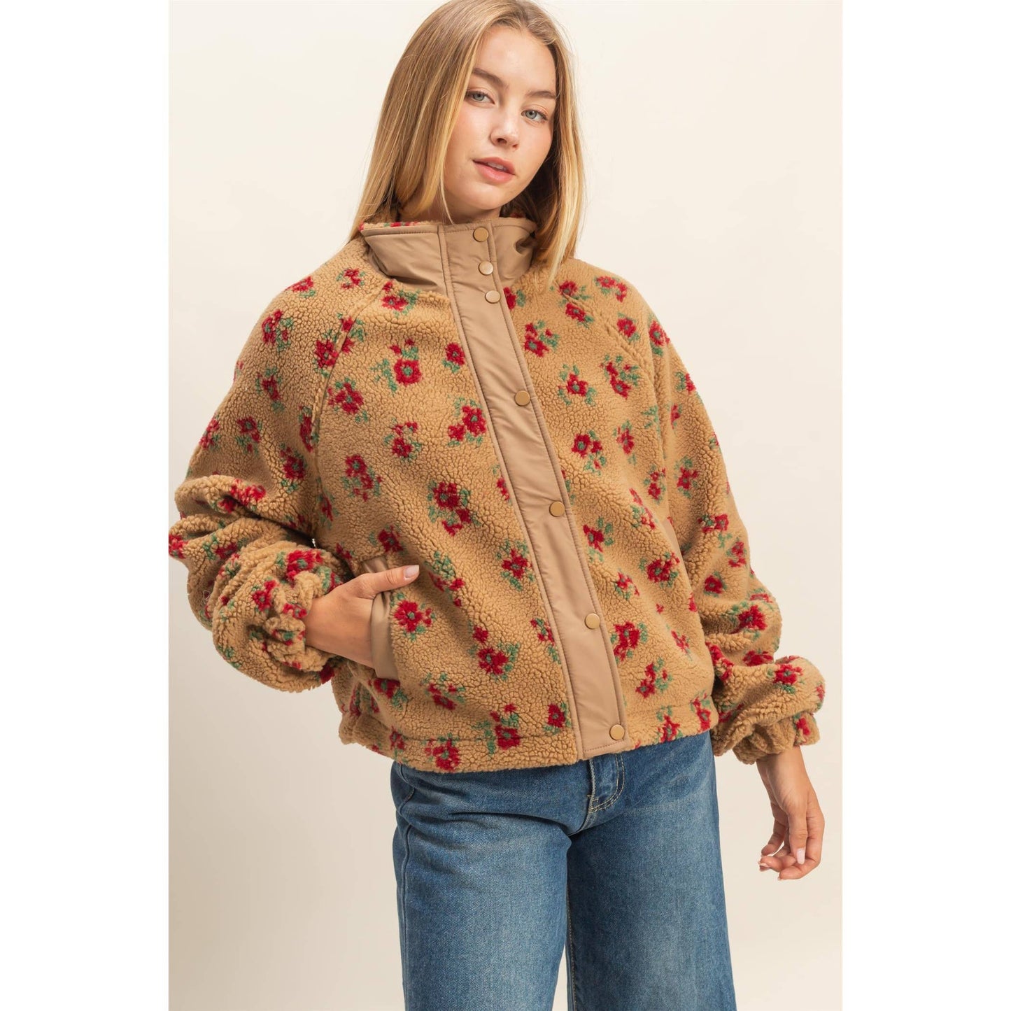 Floral Print Sherpa Zip Up Jacket