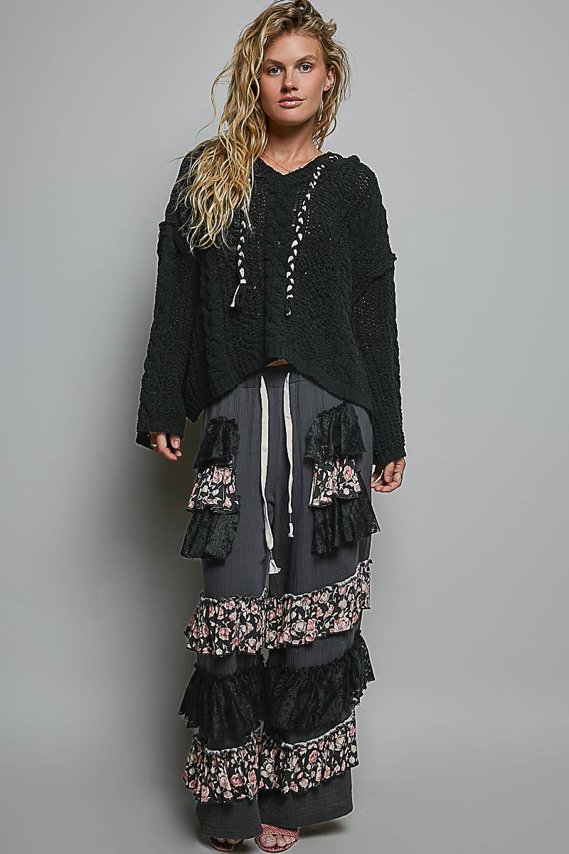 Oversized hooded cable knit chenille sweater