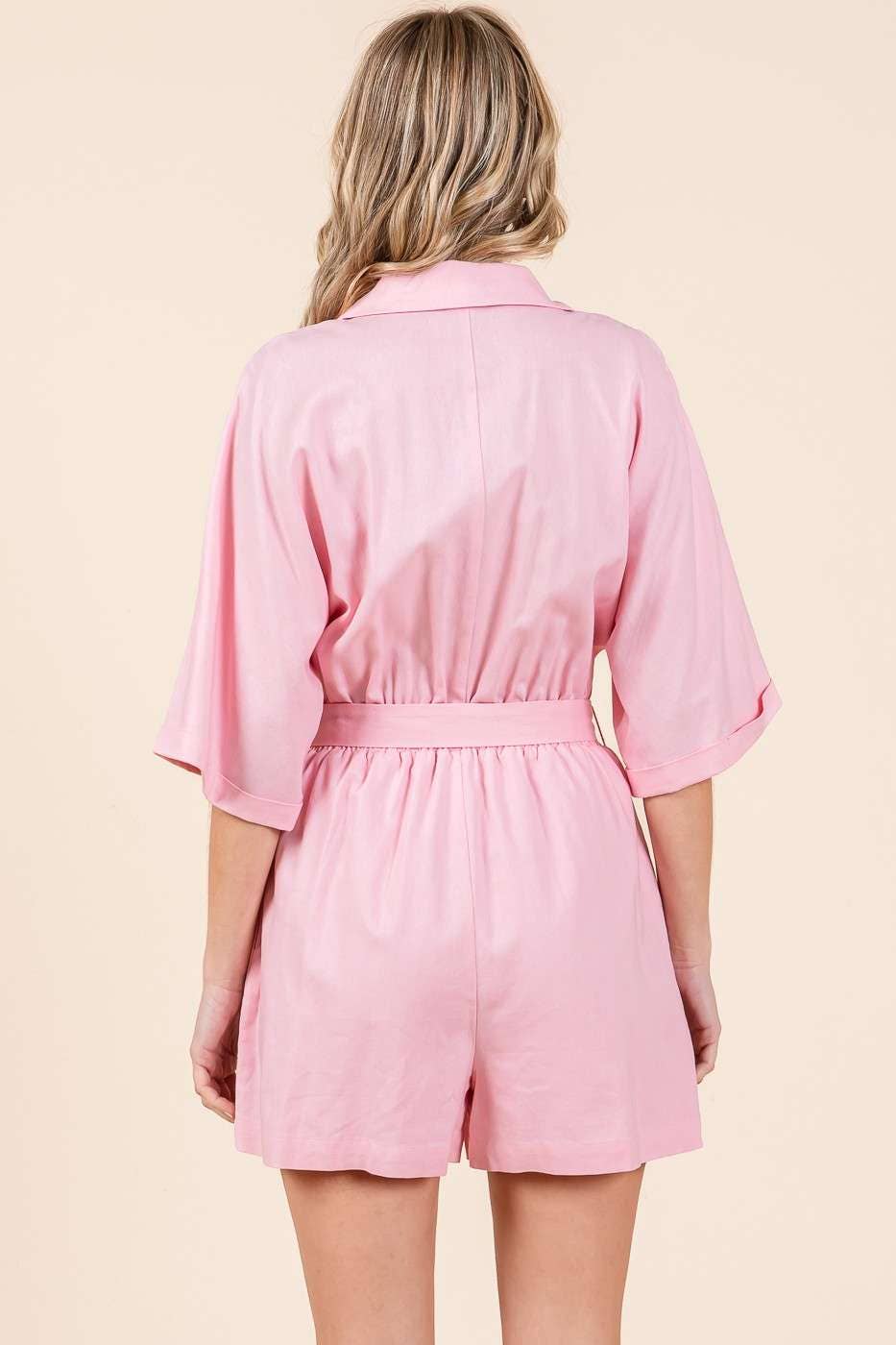 LINEN TIE BELT BUTTON DOWN COLLARED ROMPER