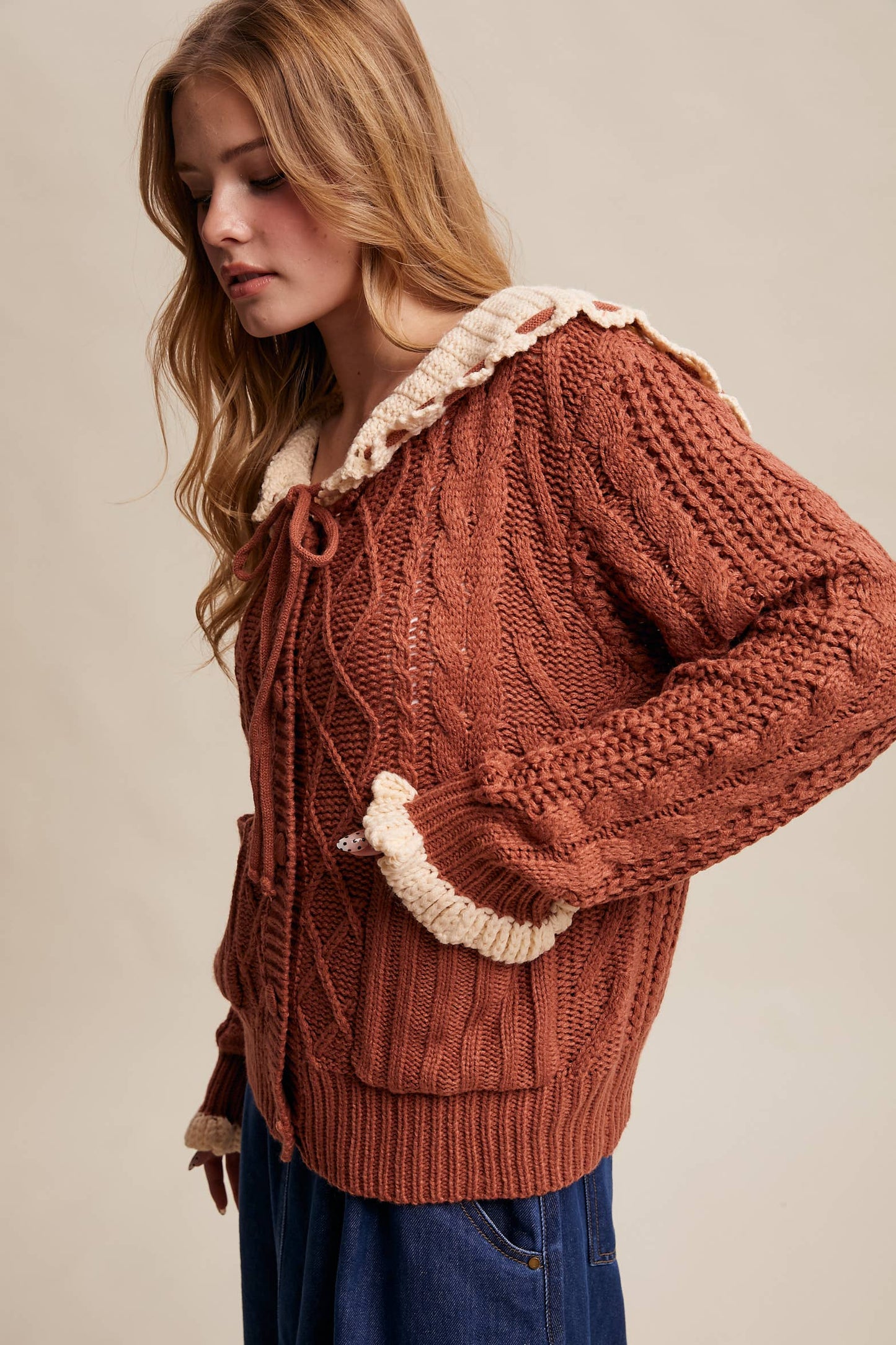 Two-Tone Crochet Collar Cable Knit Cardigan