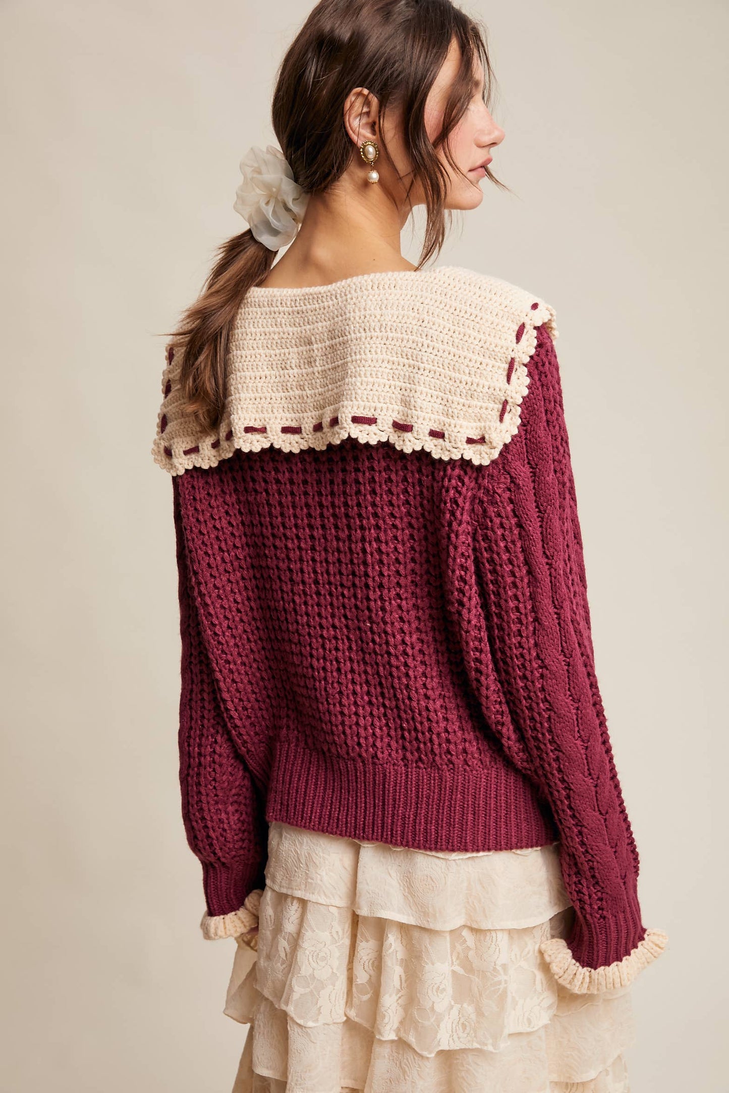 Two-Tone Crochet Collar Cable Knit Cardigan