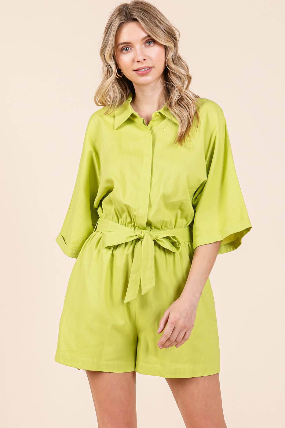 LINEN TIE BELT BUTTON DOWN COLLARED ROMPER