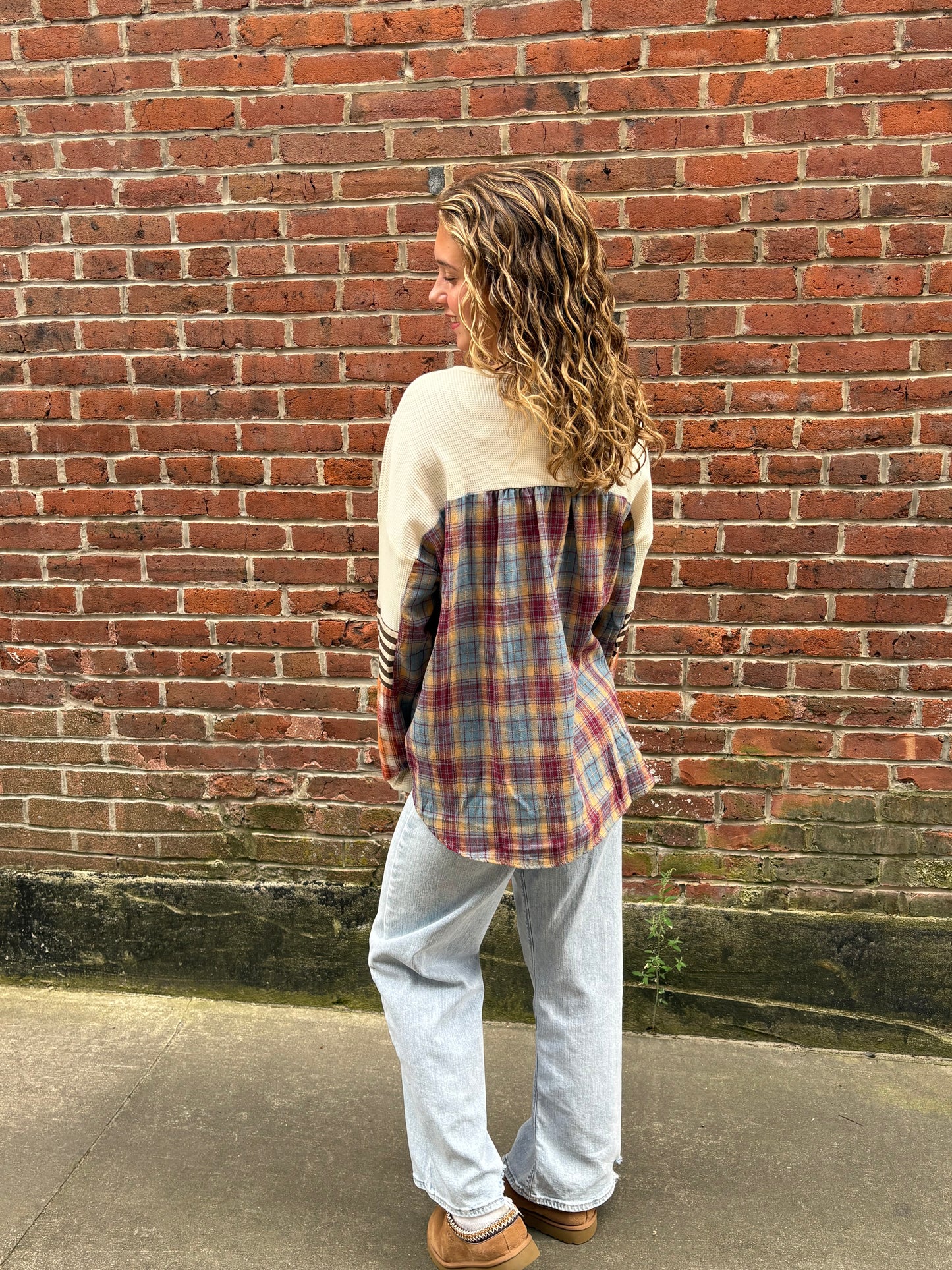 Waffle Stripe Plaid Patchwork Henley Knit Top