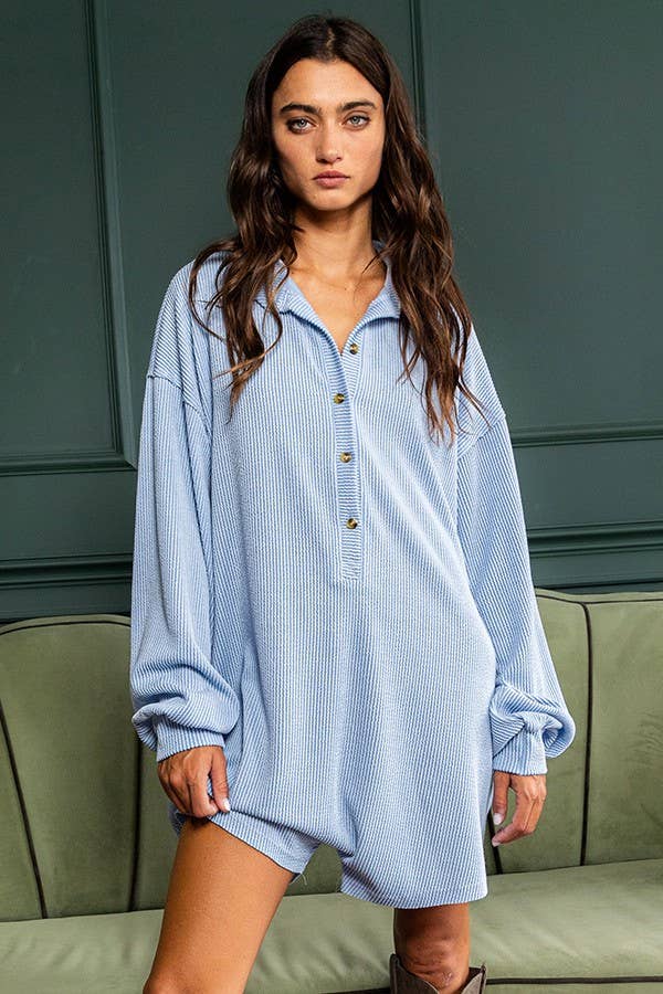 R5364 | [OUTLET SALE] Oversize Button Up Collard Knit Romper