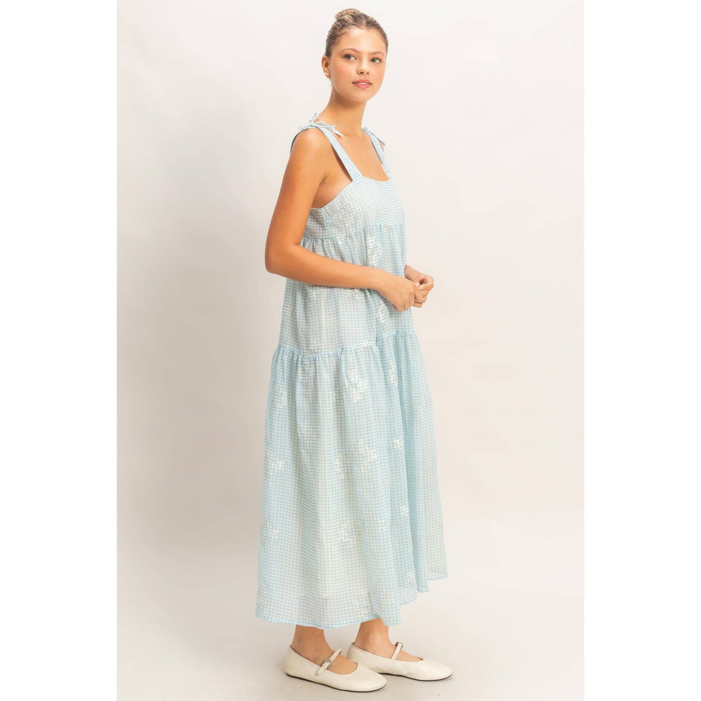 Tiered Gingham Dress With Embroidery