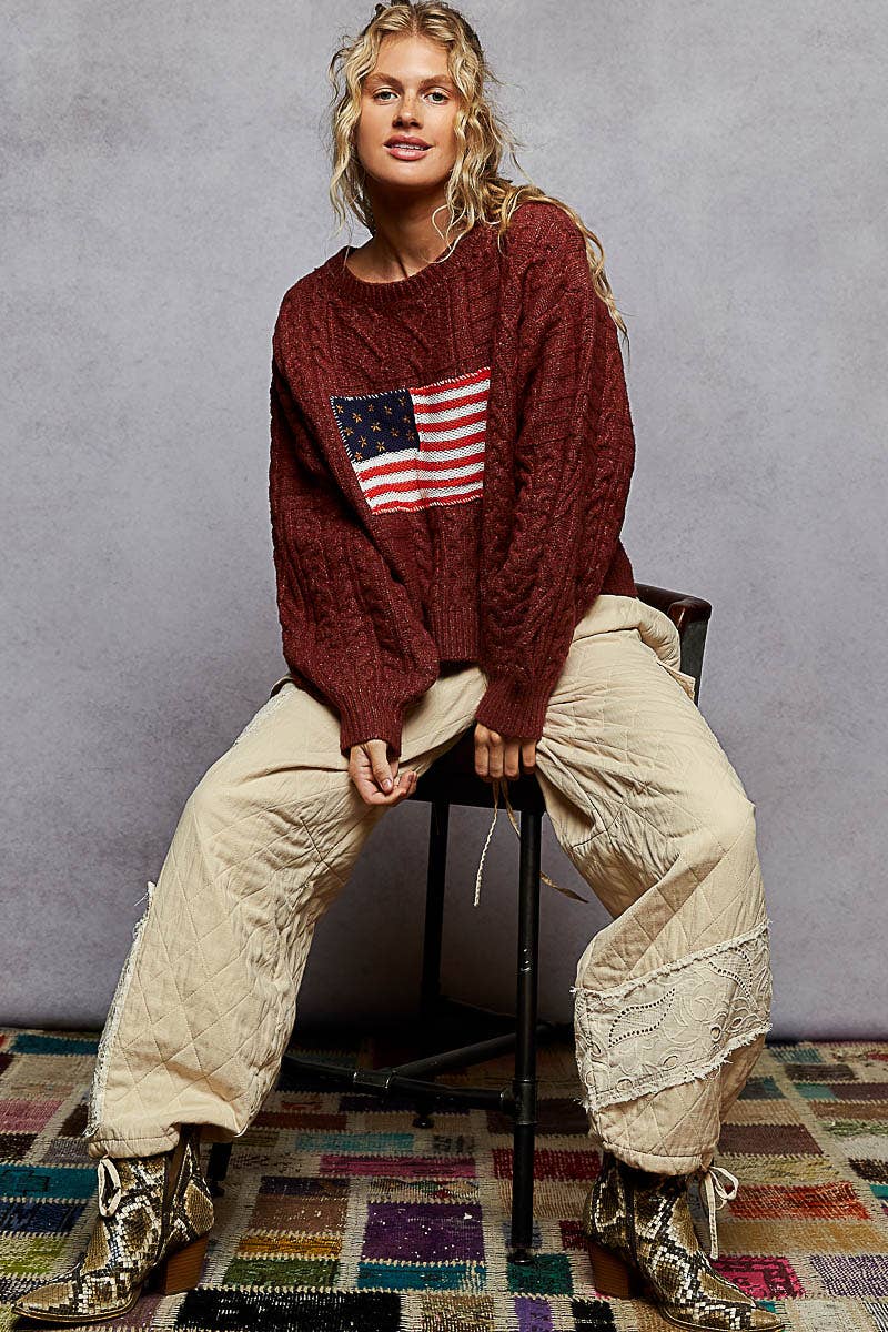 Long sleeve USA flag contrast stitch detail sweater knit top