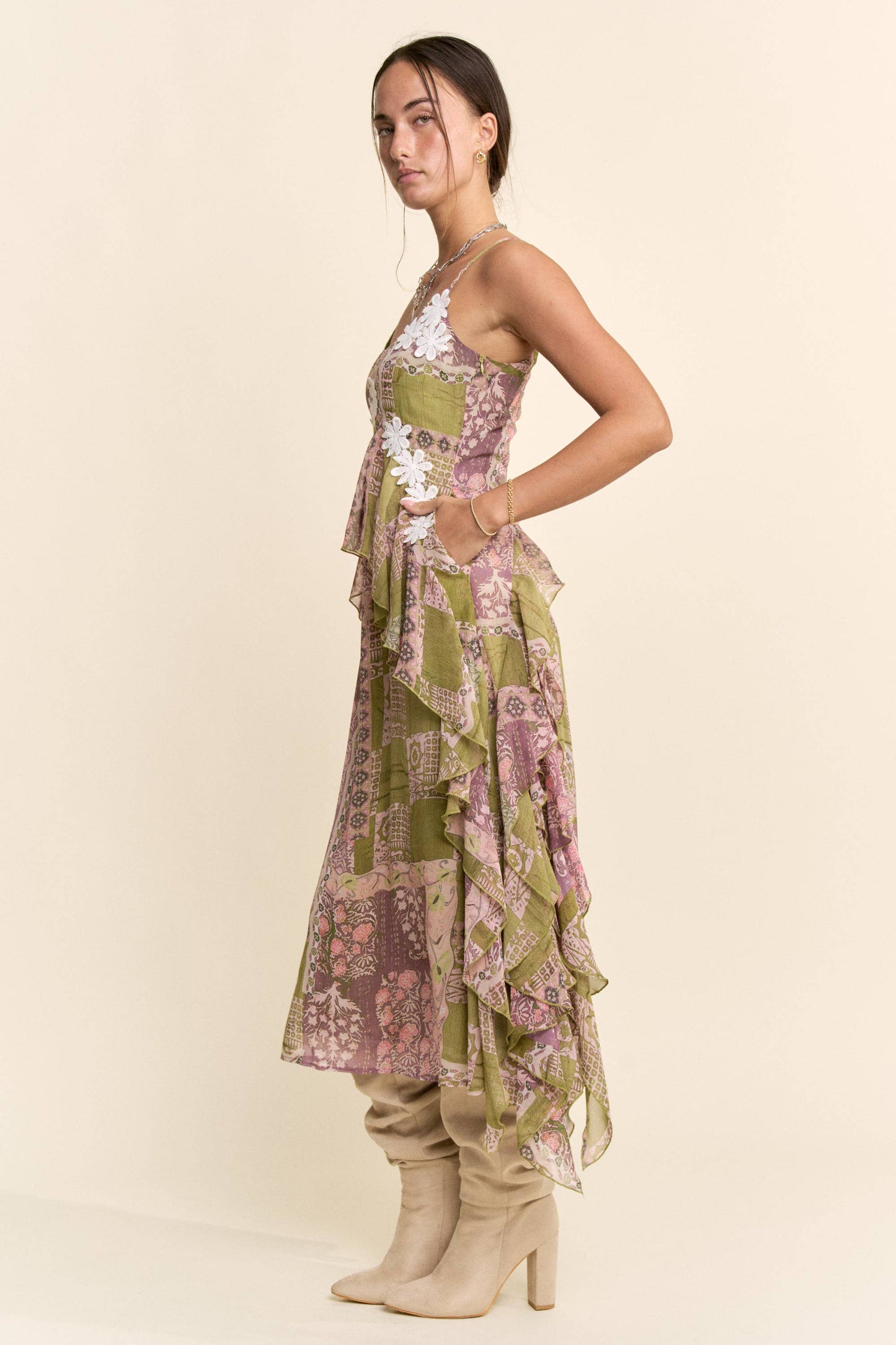 BOHO PRINTED CHIFFON RUFFLE AND LACE DETAIL DRESS