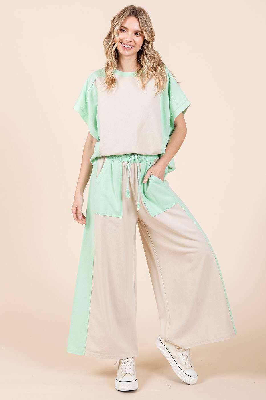 FRENCH TERRY WIDE LEG COLOR BLOCK PANTS