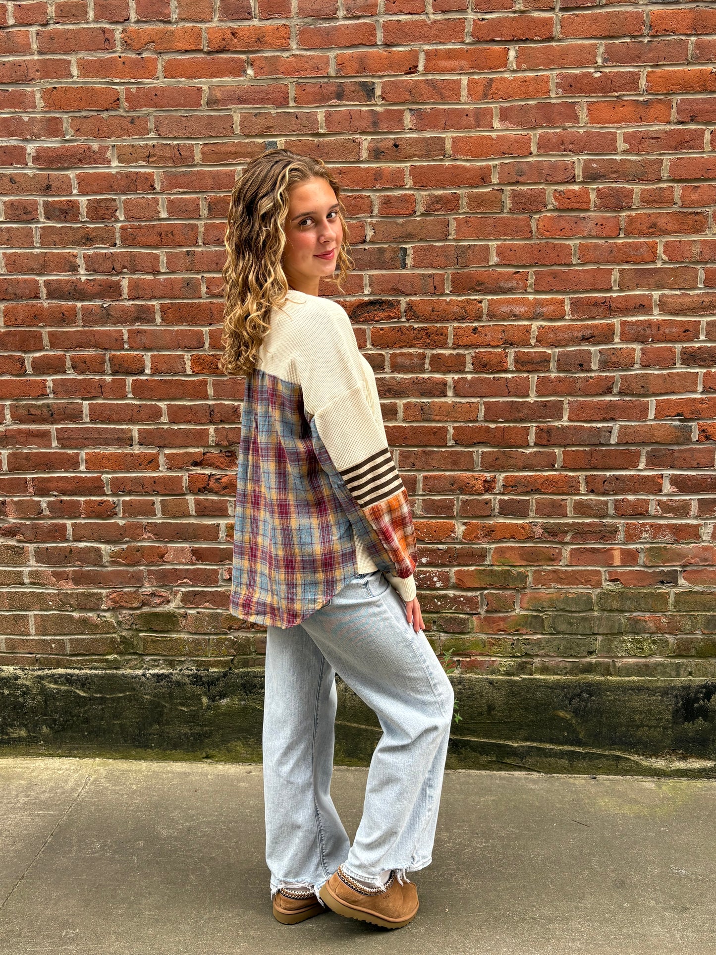 Waffle Stripe Plaid Patchwork Henley Knit Top