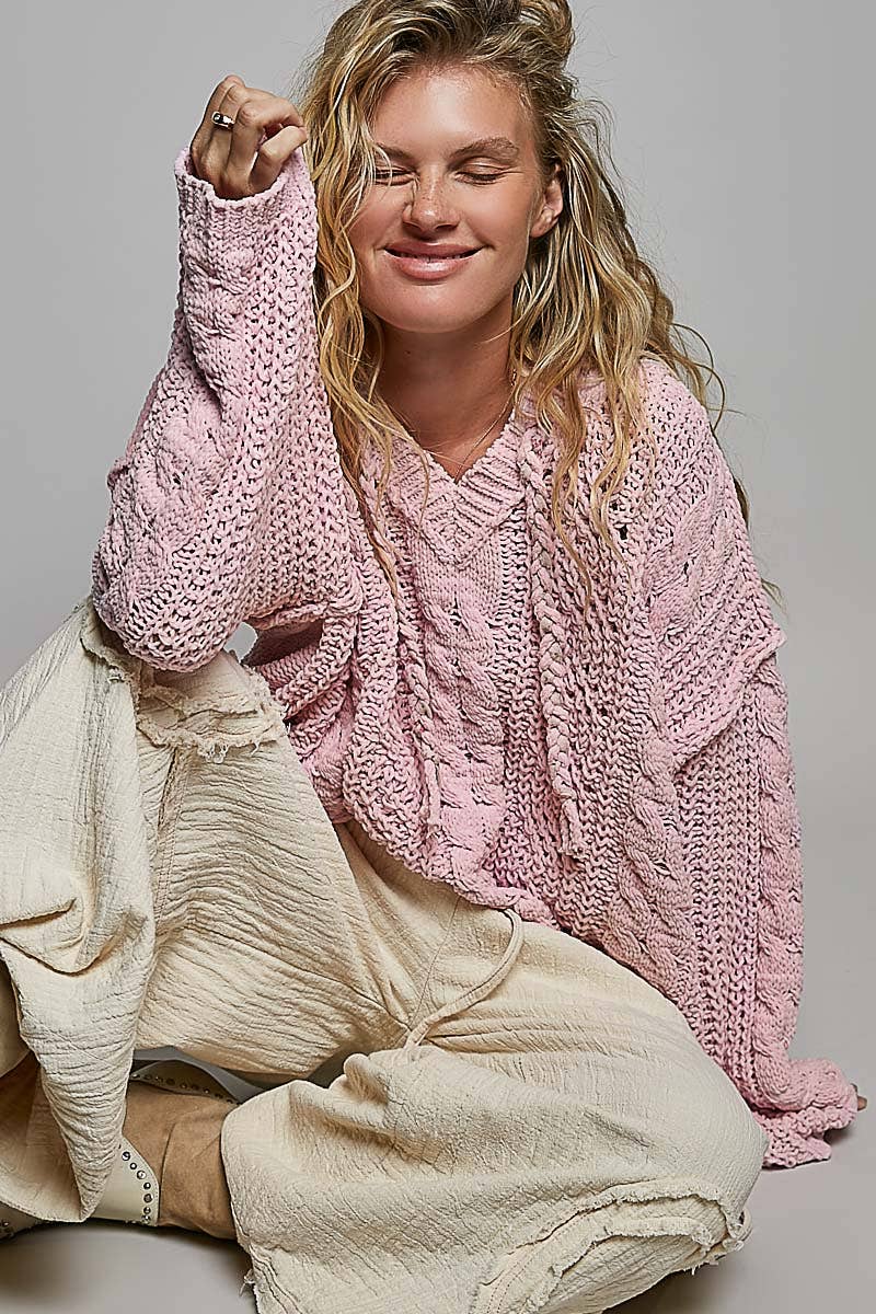Oversized hooded cable knit chenille sweater