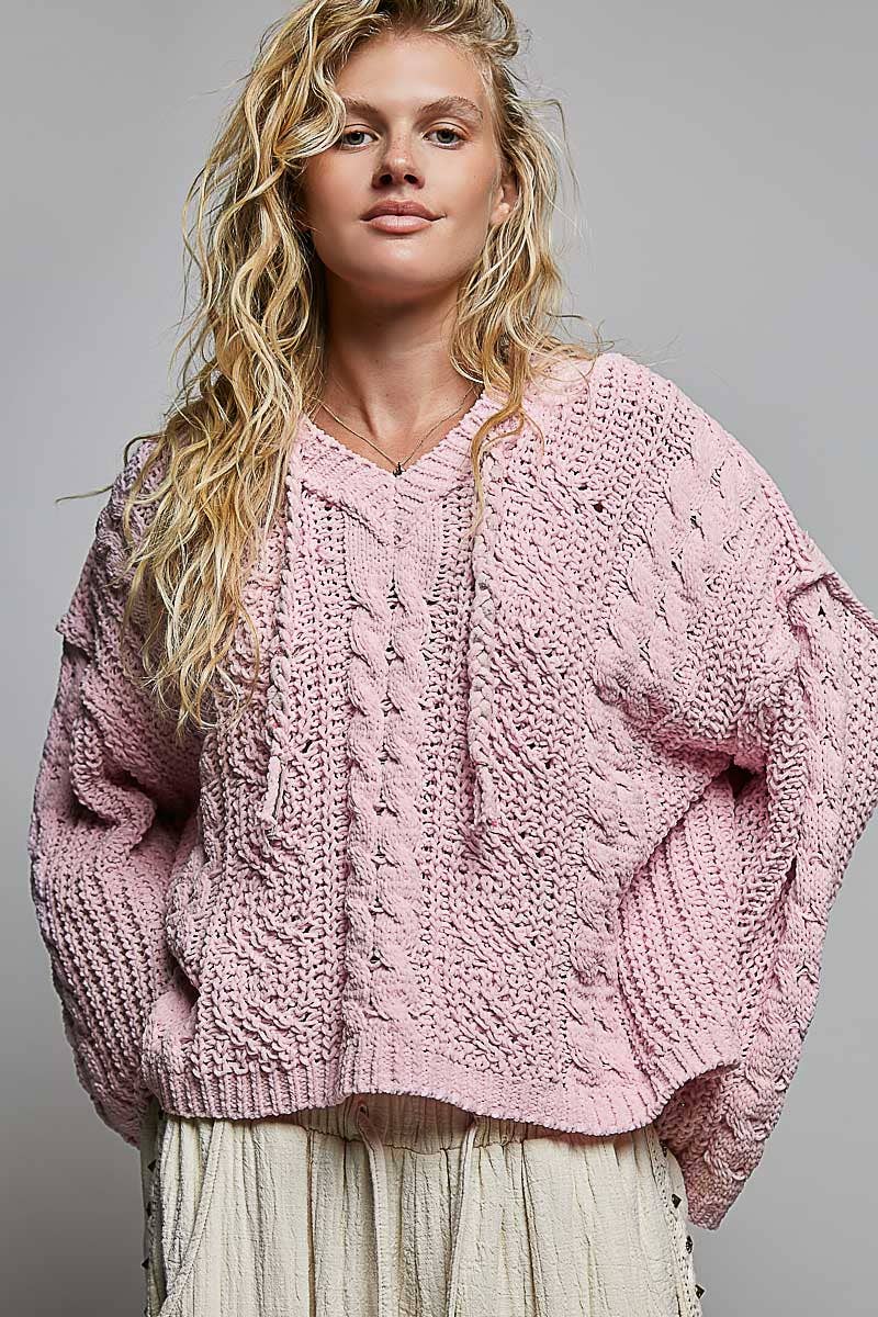 Oversized hooded cable knit chenille sweater