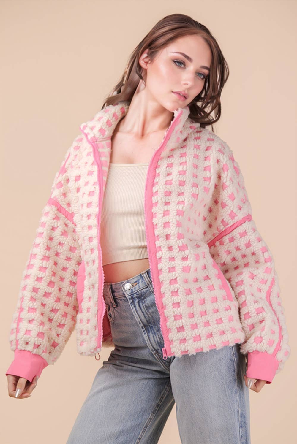 Oversized Checker Fleece Jacket