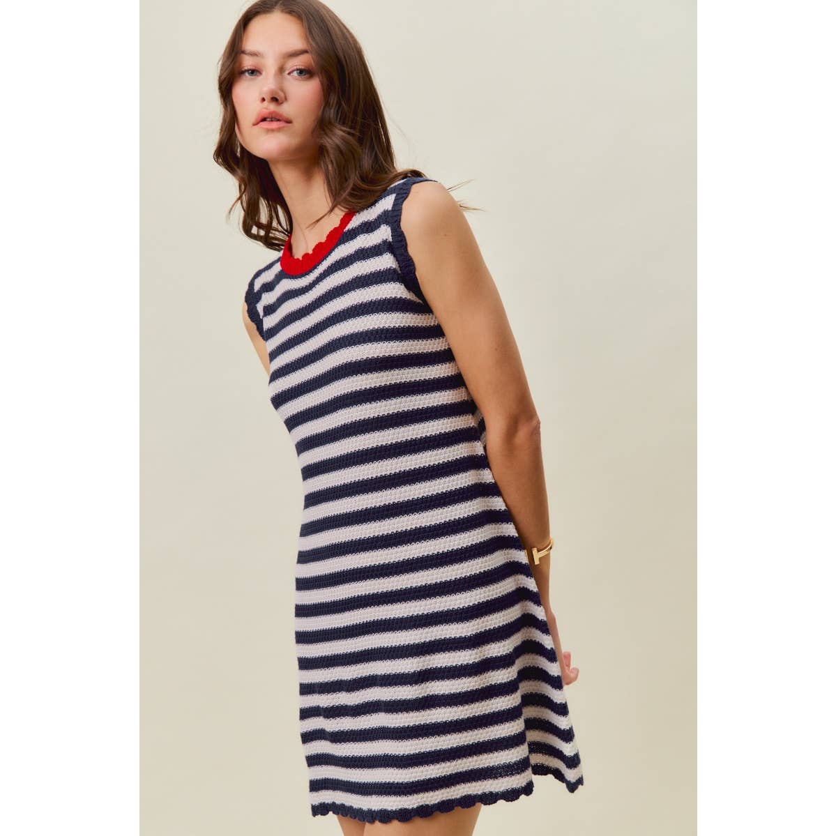 SCALLOP EDGE STRIPE SWEATER KNIT MINI DRESS