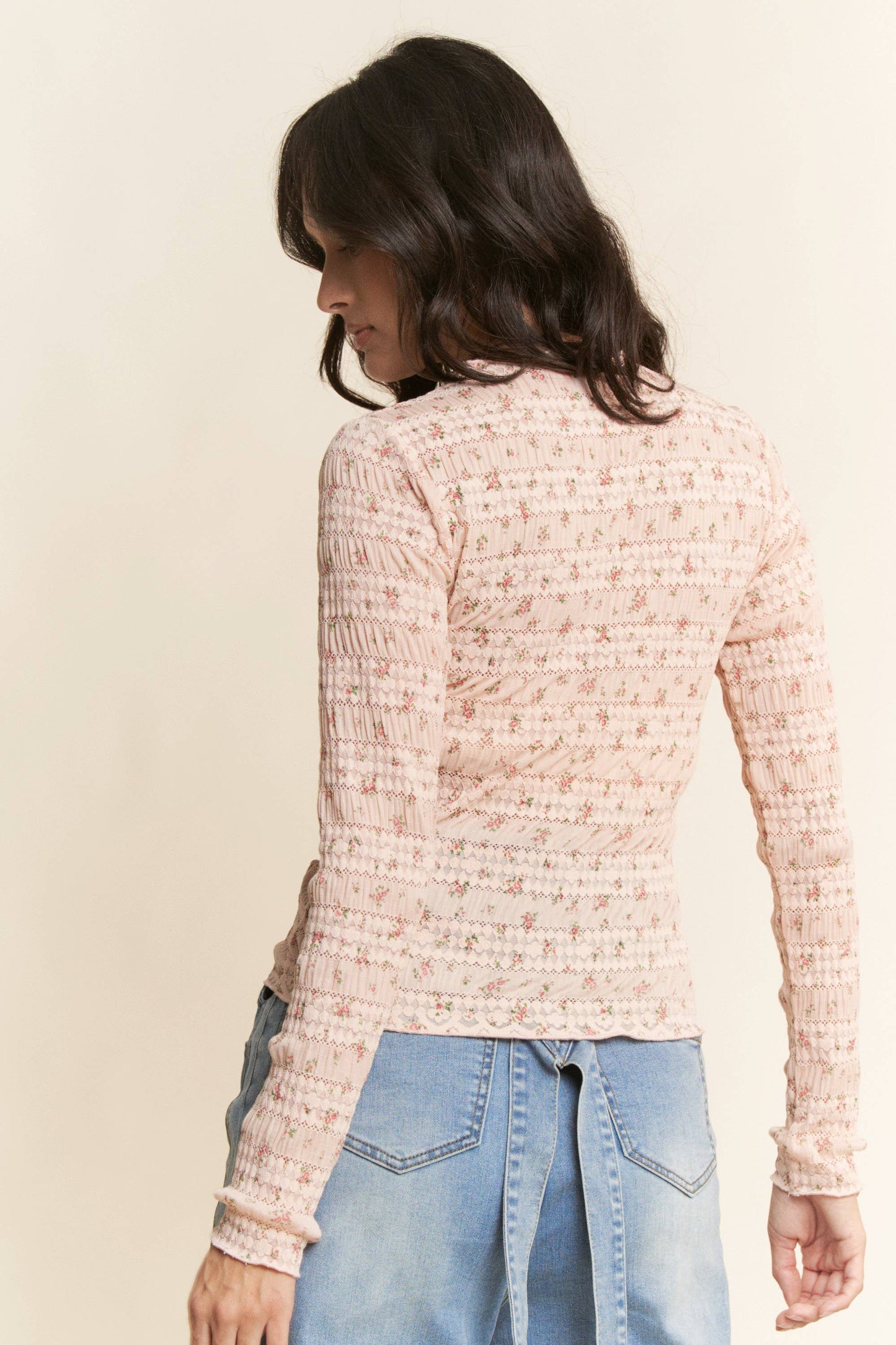 FLORAL PRINT MOCK NECK LONG SLEEVES KNIT TOP