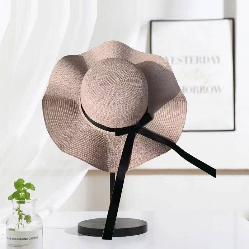 Summer Bow Ribbon Wide Brim Wave Straw Hat