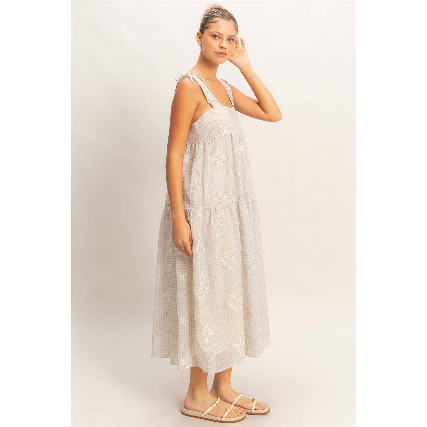 Tiered Gingham Dress With Embroidery