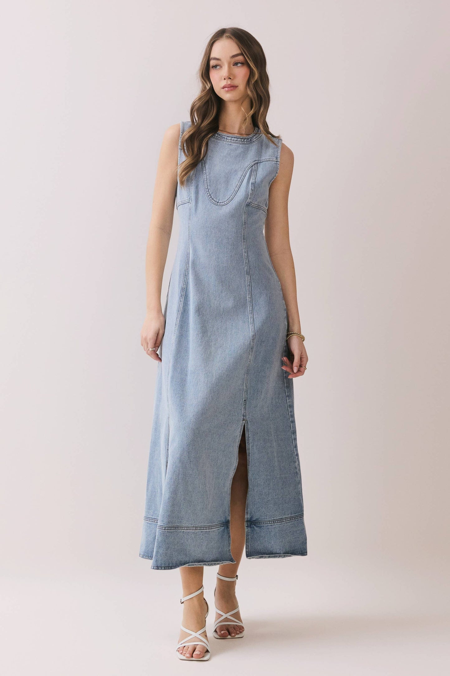 Sleeveless Paneled Front Slit Detail Denim Mid Dress