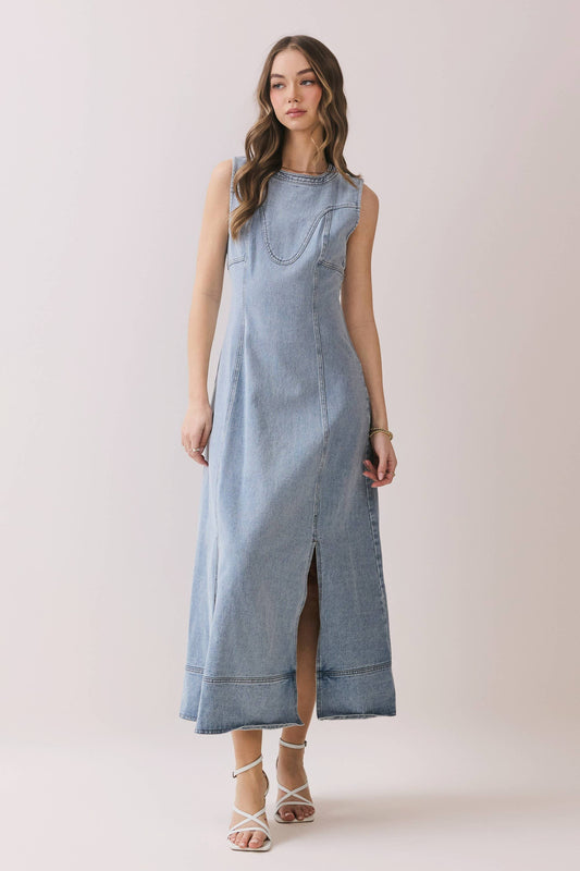 Sleeveless Paneled Front Slit Detail Denim Mid Dress