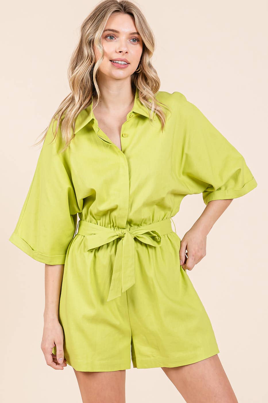 LINEN TIE BELT BUTTON DOWN COLLARED ROMPER