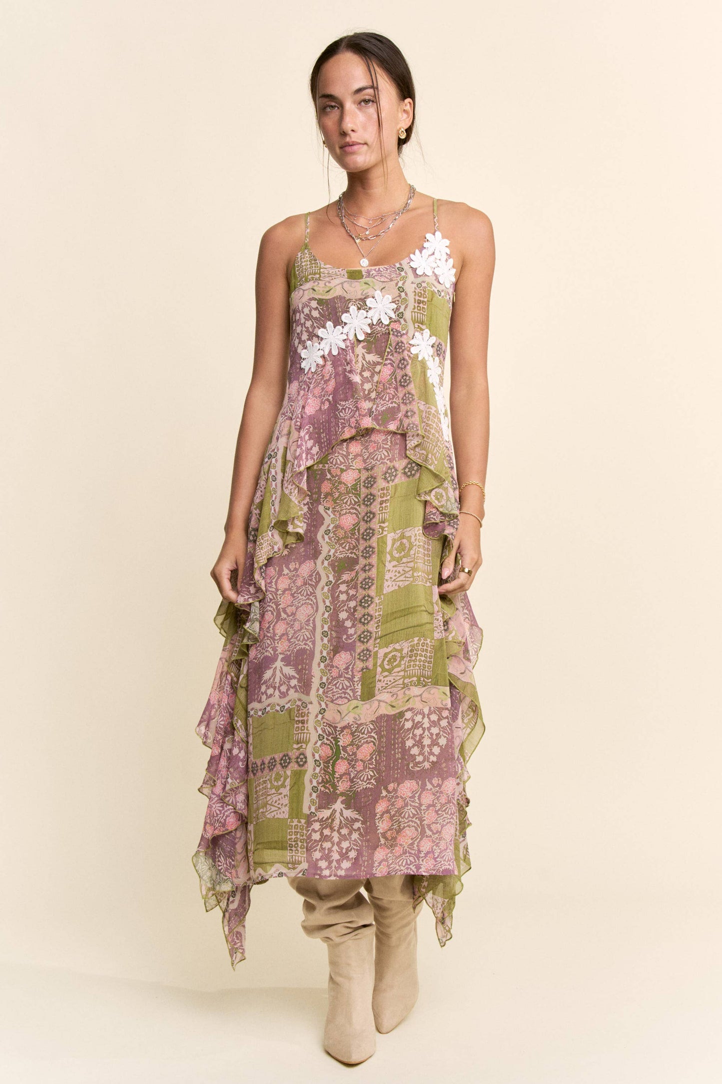 BOHO PRINTED CHIFFON RUFFLE AND LACE DETAIL DRESS