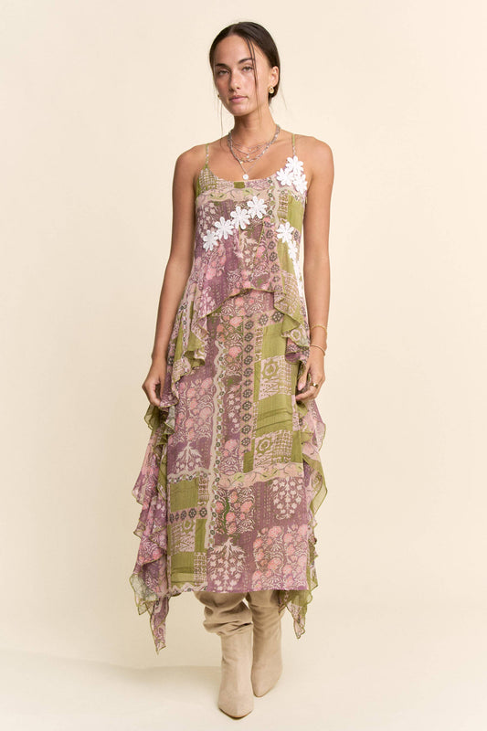 BOHO PRINTED CHIFFON RUFFLE AND LACE DETAIL DRESS