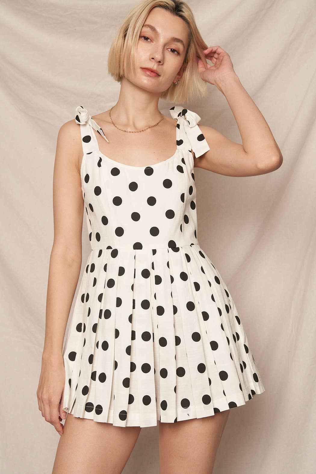 Polka Dot Tie Shoulder Pleated Romper