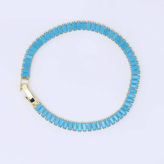 24K Gold Filled 5mm Blue Turquoise Baguette 7 Inches Tennis Chain Bracelet | WA-3823