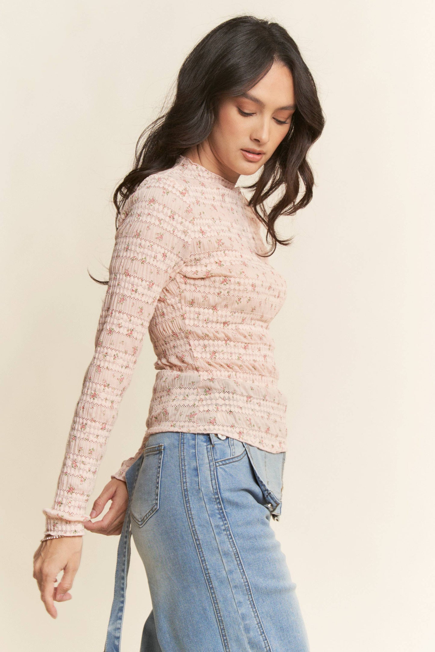 FLORAL PRINT MOCK NECK LONG SLEEVES KNIT TOP