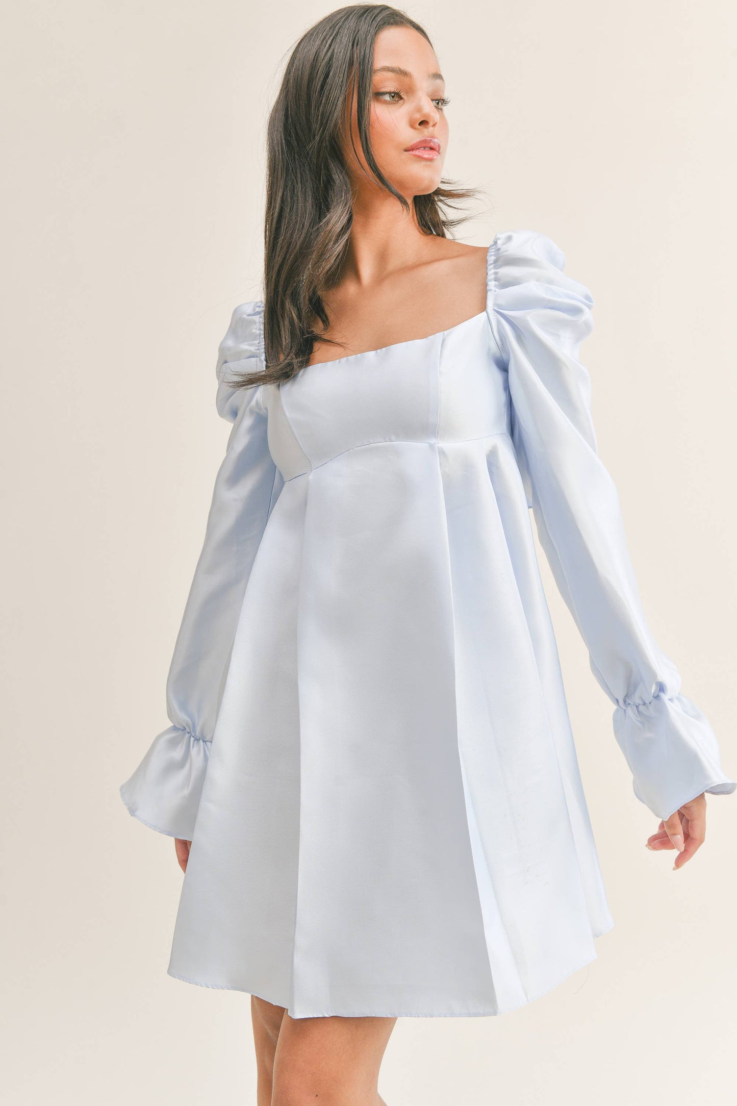 BABYDOLL DRESS WITH LONG BELL PUFF SLEEVES AND BOW