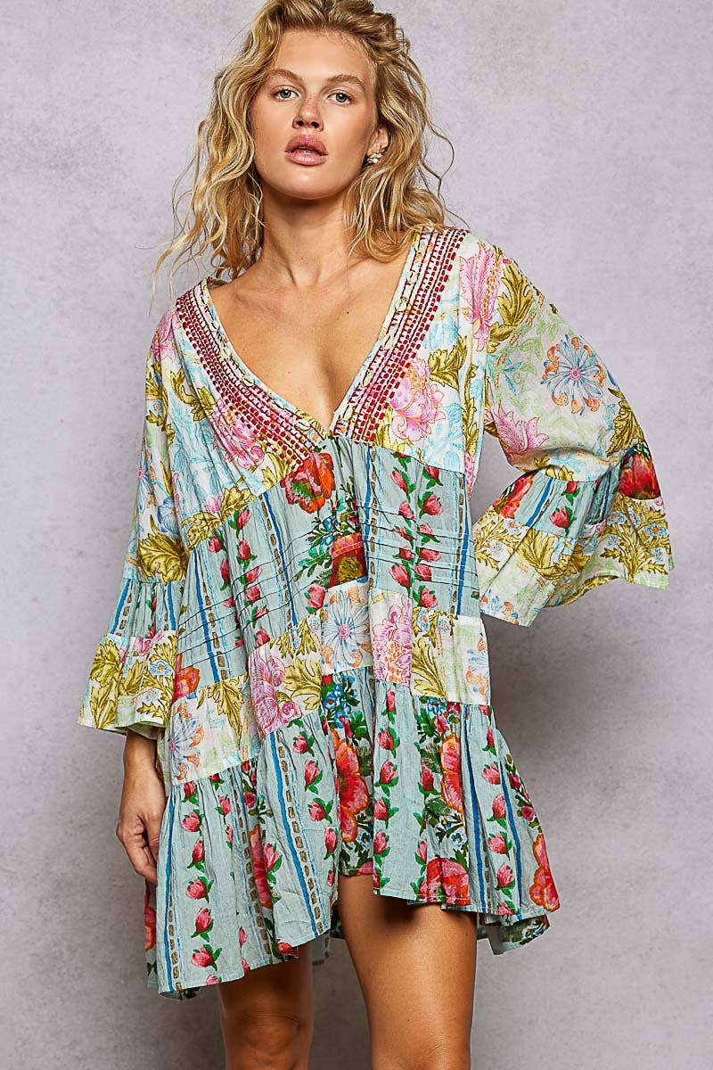 3/4 Sleeve V-neck Seashell Shape Printed Woven Dress