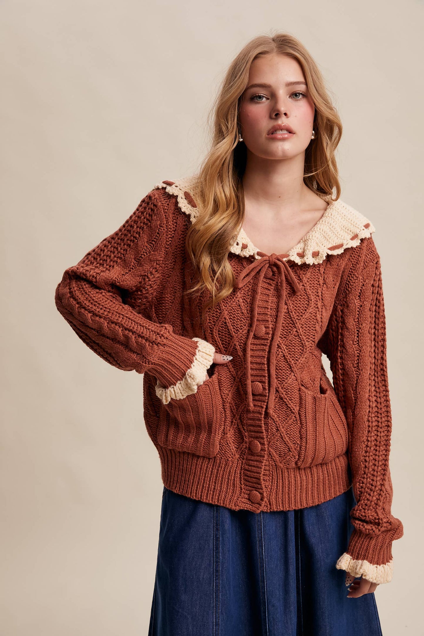 Two-Tone Crochet Collar Cable Knit Cardigan